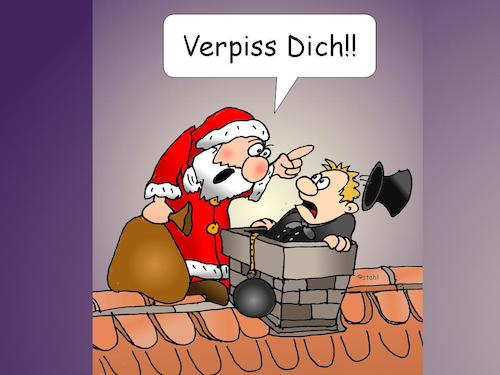 Cartoon: Weihnachtsmann Kamin (medium) by wista tagged kamin,schornstein,schornsteinfeger,geschenke,geschenk,christkind,weihnachten,nikolaus,lieferdienst,lieferung,streit,dach,haus