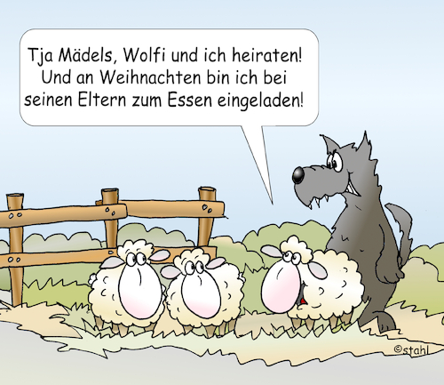 Cartoon: Wenn Schafe heiraten (medium) by wista tagged heirat,heiraten,schafe,wolf,wölfe,schafspelz,essen,trinken,fete,feier,hochzeitsfeier,liebe,hunger,durst,freunde,bekannte,verwandte,verwandtschaft,kneipe,lokal,gaststätte,restaurant,einladung,einladen,liste,geschenk,geschenke,weihnachten,ring,ringe