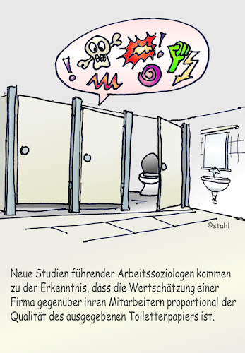 Cartoon: Wertschätzung der Arbeit (medium) by wista tagged arbeit,wertschätzung,firma,mitarbeiter,toilette,papier,toilettenpapier,klopapier,industrie,belegschaft,bonus,gewerkschaft,soziologie,arbeitssoziologie,wissenschaft,ökonomie,arbeitszufriedenheit,zufriedenheit,arbeitswelt,gruppen,belastung,stress,gehalt,lohn,entlohnung,waschräume,arbeitsbedingungen,verordnung