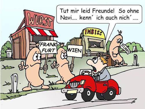 Cartoon: Würstchen (medium) by wista tagged frankfurt,frankfurter,wien,wiener,curry,wurst,würstchen,trampen,anhalter,navi,navigationssystem,auto,autofahren,anhalten,imbiss,imbissbude,flucht,entkommen,büdchen,essen,trinken,fast,food,geographie