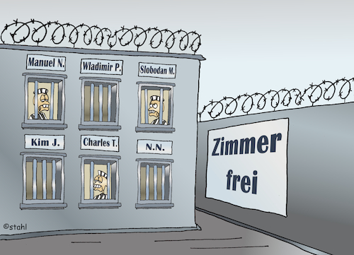 Cartoon: Zimmer frei (medium) by wista tagged zimmer,frei,gefängnis,strafe,verbrechen,verbrecher,menschlichkeit,krieg,kriegsverbrechen,drogenhandel,politik,politiker,staat,staatsverbrechen,verantwortung,noriega,milosevic,taylor,saddam,putin,kim,jung,un,gericht,gerichtshof,international,zimmer,frei,gefängnis,strafe,verbrechen,verbrecher,menschlichkeit,krieg,kriegsverbrechen,drogenhandel,politik,politiker,staat,staatsverbrechen,verantwortung,noriega,milosevic,taylor,saddam,putin,kim,jung,un,gericht,gerichtshof,international