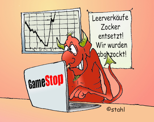 Cartoon: Zocker (medium) by wista tagged leerverkäufe,aktien,zocker,gamestop,finanzen,roaring,kitty,reddit,robinhood,hedgefonds,spekulanten,broker,elite,heuschrecken,finanzmärkte,wall,street,day,trader,banken,banker,fonds,verzockt,verspekuliert,spekulation,geld,rendite,recht,gerecht,ungerecht,verlierer,unfair,gericht,klage