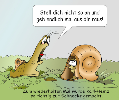 Cartoon: Zur Schnecke gemacht (medium) by wista tagged schnecke,schnecken,zur,machen,runterbügeln,schimpfen,ausschimpfen,introvertiert,zurückgezogen,schneckenhaus,schneckenhäuser,schutz,einigeln,einsam,extrovertiert,gesellschaft,alleine,rügen,tadeln,anmeckern,meckern,graue,maus,sensibel,unsensibel