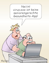 Cartoon: Gesundheits-App (small) by wista tagged app,gesundheit,krankheit,behandlung,therapie,down,load,health,senioren,virus,viren,infektion,computer,handy,tablet,ipad,apps,appstore,hochladen,exe,ausführen,programm,programme,ältere,menschen,software,anwendung