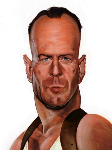 Cartoon: Bruce Willis (medium) by Ausgezeichnet tagged portrait,blood,sweat,tears,handgrenades,caricature,