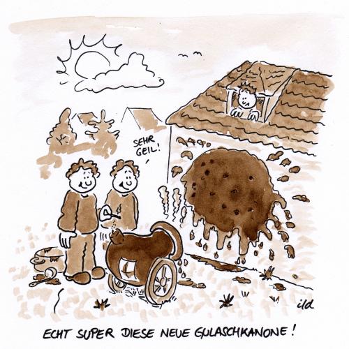 Cartoon: Gulaschkanone (medium) by achecht tagged gulaschkanone,gulasch,kanone,essen,kinderstreich,streich,experiment,wortwitz,wörtlich,spaß,scherz