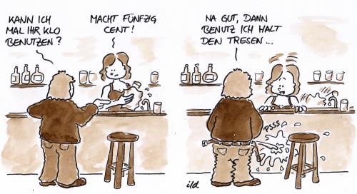 Cartoon: Klo benutzen (medium) by achecht tagged klo,toilette,benutzung,nutzung,gebühr,tresen,theke,kneipe,restautant,cafe,kaffee,pinkeln,müssen,wc,klofrau,kundentoilette,kunde,bezahlen,frechheit,dreist,bedienung,wirtschaft