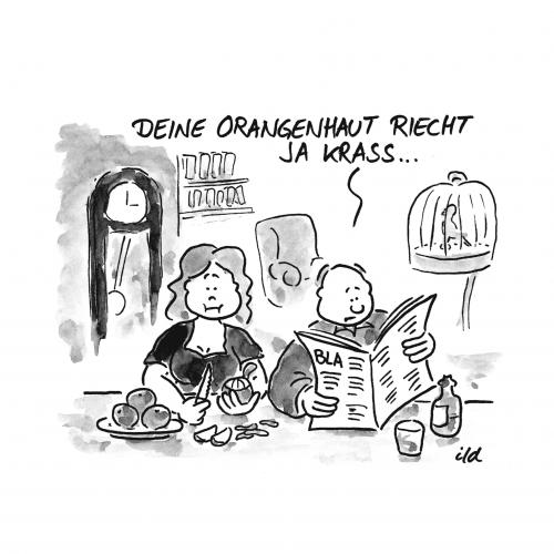 Cartoon: Orangenhaut (medium) by achecht tagged orangenhaut,beziehung,orangen,beauty,haut,obst,orangen,gesundheit,haut,körper,mann,frau,beziehung,paar,essen,nahrung,lebensmittel,riechen,stinken