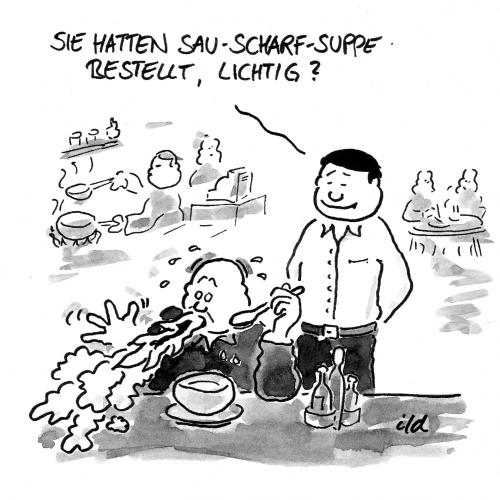 Cartoon: Sau-Scharf-Suppe (medium) by achecht tagged sau,scharf,sauer,suppe,chinese,china,imbiss,essen,restautant,gastronomie,restaurant,gast,ober,kellner,essen,suppe,sauer,scharf,bestellung,missverständnis,sprache,kultur