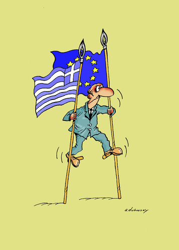 Cartoon: Greece stilts (medium) by Dubovsky Alexander tagged greece,stilts,flag,problem,default
