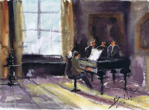 Cartoon: playing piano (medium) by cabap tagged watercolorpainting