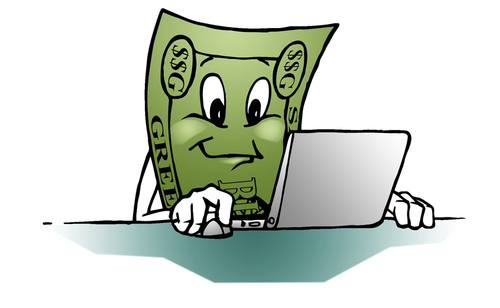 Cartoon: buck computing (medium) by dumo tagged laptop,computer,computing,dollar,bill,money,buck,cartoon,color