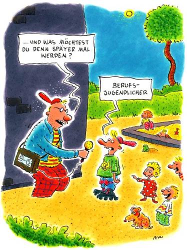 Cartoon: Beruf (medium) by ari tagged ausbildung,interview,medien,spielplatz,reporter,kind,mann,bildung,lehre,schüler,beruf