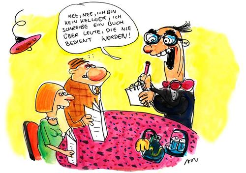 Cartoon: kein kellner (medium) by ari tagged buch,kellner,literatur,gastronomie,bedienung,buchmesse,autor,schriftsteller,lektüre,lesen,schreiben,book,mann,frau,restaurant,ober