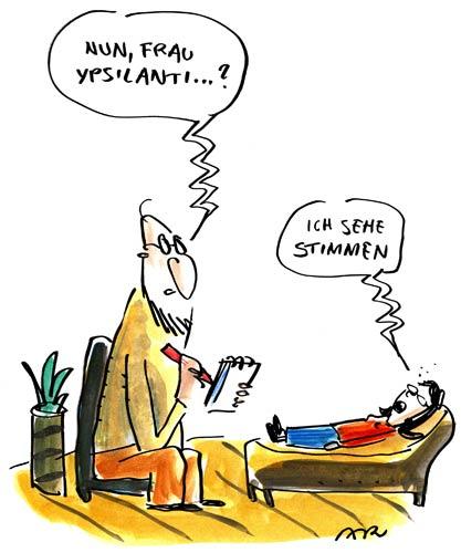Cartoon: Ypsilanti (medium) by ari tagged woman,man,psychiatrist,ypsilanti,frau,mann,psychiater,politik,partei,wahl
