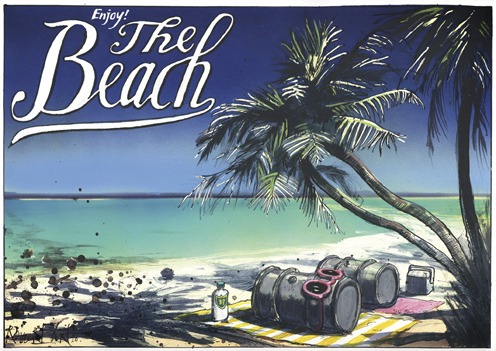 Cartoon: enjoy the beach (medium) by Rainer Ehrt tagged oil,leak,resources,bp,petroleoum,gasoline,profit