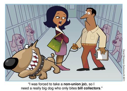 Cartoon: Taking a non-union job (medium) by carol-simpson tagged labor,unions,money,bills,dogs,non,union