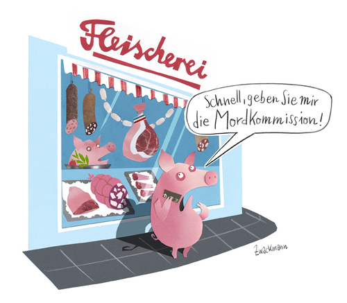 Cartoon: Fleischerei (medium) by Zwackmann tagged ernährung,gesundheit,gesunde,fleisch,essen,moral,fleischerei,schwein,tiere,töten,mord,schlachten,vegetarisch,vegetarier,metzgerei,polizei,telefonieren