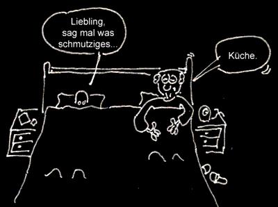Cartoon: Bettgeflüster (medium) by Newbridge tagged bett,mann,frau,geflüster,frage,küche,schmutz,dreck
