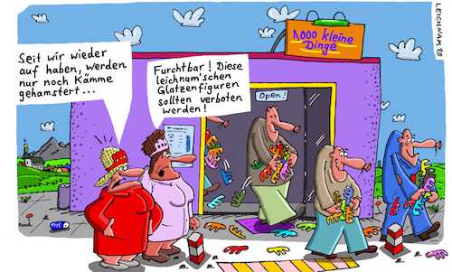 Cartoon: 1000 (medium) by Leichnam tagged 1000,klein,dinge,artikel,laden,kämme,hamstern,hamsterkäufe,furchtbar,kassiererinnen,verkäuferinnen,ladengeschäft,krise,danach,leichnam,leichnamcartoon,offen,open,verbieten