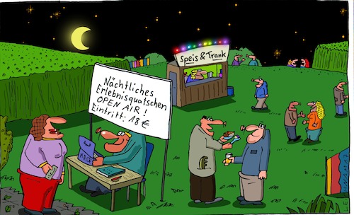 Cartoon: 18 Euro (medium) by Leichnam tagged 18,euro,leichnam,leichnamcartoon,open,air,wiese,erlebnisquatschen,eintritt,speis,und,trank,unterhaltung,gespräche,lichterkette,verkaufsstand,mond,sterne,nacht,geschäftsidee