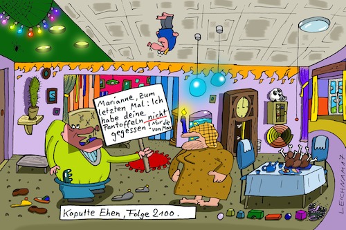 Cartoon: 2100 (medium) by Leichnam tagged kaputte,ehen,marianne,pantoffeln,unschuldig,verdacht,verdächtigt,max,ehe,gegessen,im,mund,sohn,zum,letzten,mal