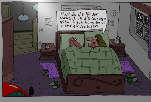 Cartoon: 21.02 Uhr (medium) by Leichnam tagged abend,gewitter,sauwetter,regen,gemütlich,im,bett,garage,kinder,auto,nicht,einschlafen,unruhig,ehebett,leichnam,leichnamcartoon