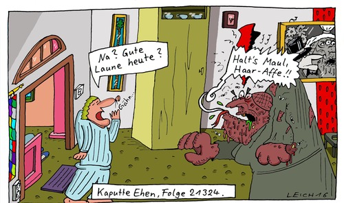 Cartoon: 21324 (medium) by Leichnam tagged 21324,kaputte,ehen,folge,na,gute,laune,schlechte,halts,maul,haar,affe,ehe,mann,und,frau,schabracke