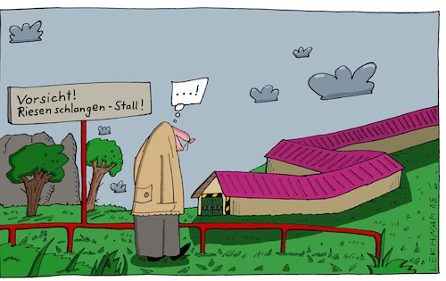 Cartoon: ...! (medium) by Leichnam tagged vorsicht,warnschild,riesenschlangen,stall,unterkunft,leichnam,leichnamcartoon