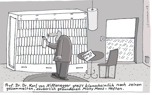 Cartoon: Abendruhe (medium) by Leichnam tagged abendruhe,bücherschrank,professor,doktor,klammheimlich,micky,maus,hefte,greifen,niffenegger,leichnam,leichnamcartoon