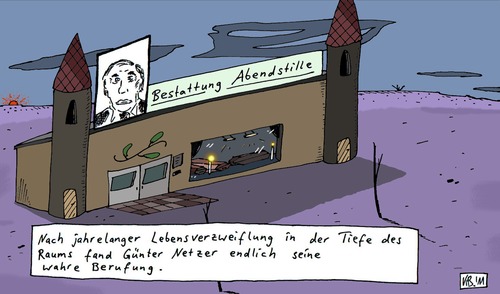 Cartoon: Abendstille (medium) by Leichnam tagged tod,leben,verzweiflung,leichnam,berufung,eingemeißelt,versteinert,ernst,steif,starr,bestattung,netzer,günter,abendstille