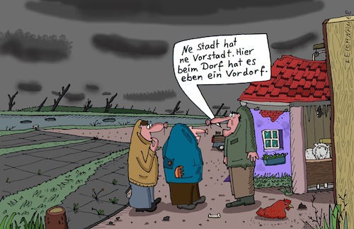 Cartoon: abgelegen (medium) by Leichnam tagged abgelegen,dorf,arsch,der,welt,stadt,provinz,aufklärung,vorstadt,vordorf,leichnam,leichnamcartoon