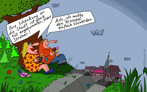 Cartoon: Ach so ... (medium) by Leichnam tagged ach,so,schenkung,toll,angekommen,stadt,stadtobere,stadthäupter,krempel,loswerden,müll,leichnam,leichnamcartoon