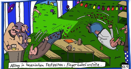 Cartoon: Alltag (medium) by Leichnam tagged alltag,bayern,festzelt,bier,stimmung,schwung,fingerhakeln,sportart,unfall