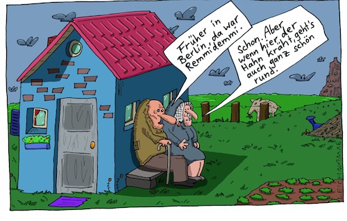 Cartoon: Altes Paar (medium) by Leichnam tagged alt,paar,berlin,dorf,abgelegen,hahn,krähen,rund,häuschen,leichnam,leichnamcartoon