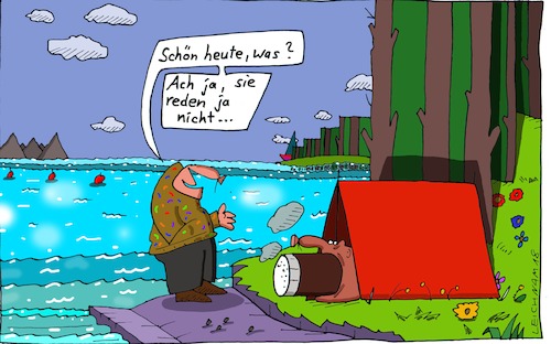 Cartoon: Am kühlen Nass (medium) by Leichnam tagged nass,kühl,wasser,see,teich,leichnam,leichnamcartoon,zigarre,raucher,zelt,camping,wald,schweigen