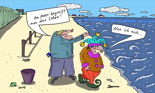 Cartoon: am Meer (medium) by Leichnam tagged am,meer,wasser,strand,see,urlaub,das,wahre,leben,ich,nicht,begreifen,begriffsstutzig,narr,begeisterung,lebenslust
