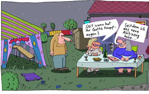 Cartoon: Am späten Abend (medium) by Leichnam tagged am,späten,abend,gatte,ehe,knopfaugen,vorgarten,nähzeug,freundin,leichnam,leichnamcartoon