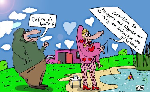 Cartoon: Am Teich (medium) by Leichnam tagged teich,tuntig,see,angeln,angler,beißen,fische,knuppern,lüppeln,häkchen,würmchen