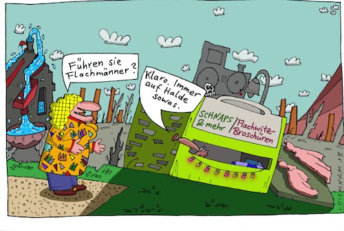 Cartoon: An der Bude (medium) by Leichnam tagged bude,verkauf,flachmänner,flachwitze,klaro,halde,lager,leichnam,leichnamcartoon,broschüren