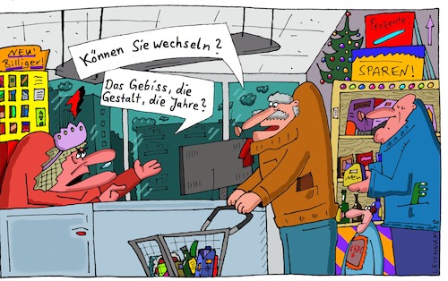 Cartoon: An der Kasse (medium) by Leichnam tagged kasse,kassiererin,verkäuferin,supermarkt,wechseln,wechselgeld,jahre,gebiss,gestalt,überarbeitet,weihnachtszeit,kunde,leichnam,leichnamcartoon