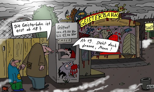 Cartoon: Anfrage im Nebel (medium) by Leichnam tagged anfrage,im,nebel,geisterbahn,rummelplatz,schausteller,kirmes,düsternis,ab,18,19,steht,doch,dran,kasse,kassierer