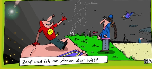 Cartoon: Angelangt! (medium) by Leichnam tagged angelangt,zopf,und,ich,ende,der,welt,arsch,endzeit,popo