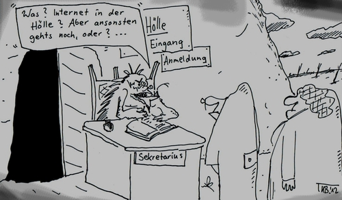 Cartoon: Anmeldung (medium) by Leichnam tagged wunschdenken,unmodern,althergebracht,internet,verdammte,sekretär,eingang,hölle,anmeldung