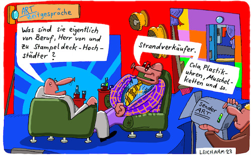 Cartoon: ART (medium) by Leichnam tagged art,verkäufer,strandverkäufer,cola,plastikuhren,muschelketten,leichnam,leichnamcartoon,gespräch,interview