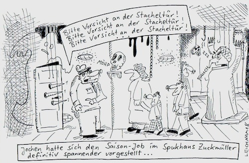 Cartoon: Attraktion (medium) by Leichnam tagged jochen,attraktion,stacheltür,spukhaus,zuckmüller,saisonjob,leichnam,leichnamcartoon,durchlaufgeschäft,rummel,kirmes,schausteller,aufsicht