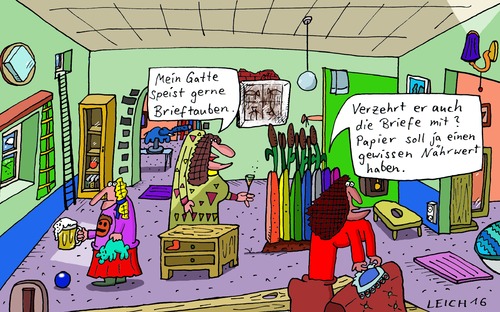 Cartoon: auch (medium) by Leichnam tagged auch,gatte,ehe,speise,verzehr,brieftauben,briefe,nährwert,alternative