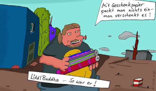 Cartoon: Auch ne Ansicht ... (medium) by Leichnam tagged liddlbuddha,auch,ne,ansicht,geschenkpapier,verschenken,einpacken