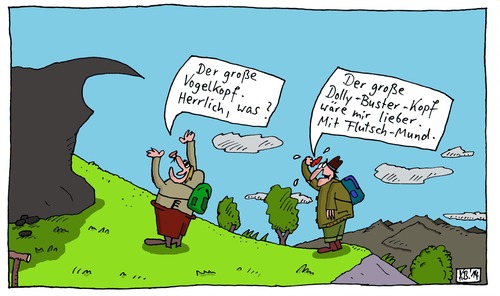 Cartoon: auf den Bergen (medium) by Leichnam tagged auf,den,bergen,vogelkopf,dolly,buster,lieber,besser,gefallen,schweiß,aufstieg,felsformation,natur,wanderung