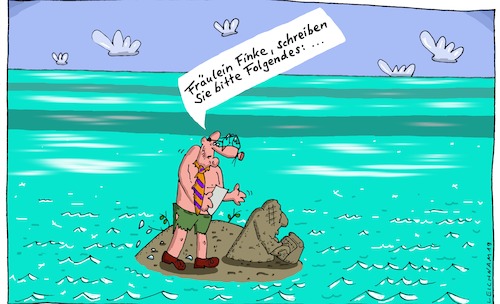 Cartoon: Aufforderung (medium) by Leichnam tagged aufforderung,ozean,meer,insel,inselwitz,inselscherz,sekretärin,schreibkraft,sand,boss,chef,diktat,leichnam,leichnamcartoon,schreibmaschine,tippen